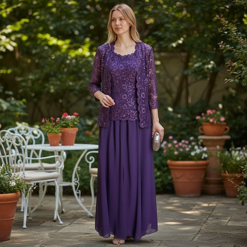 Alex Evenings Womens M/L 2pc‎ Dress Set Purple Lace Sequin Jacket Maxi Formal